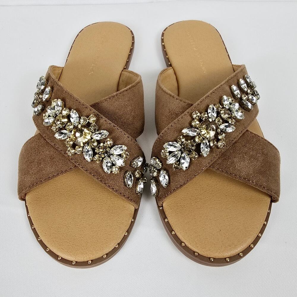 Adrienne Vittadini Jewel Slide Sandals Tan Rhinestone NWT Size 7.5